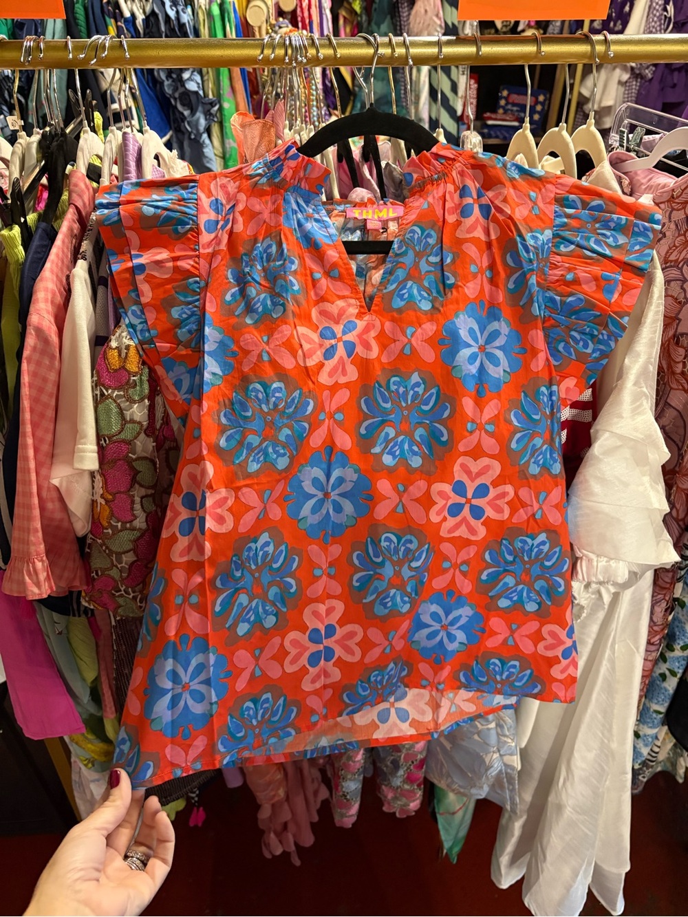 NWT THML Bright Red/Orange Floral Short Sleeve Top with Blue Accents